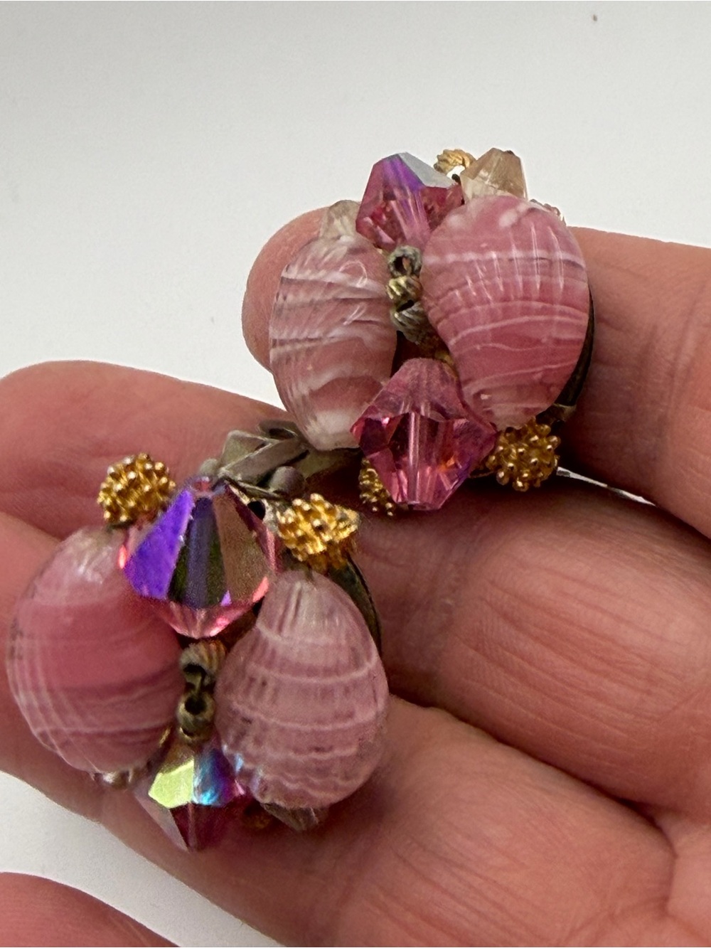 Vintage pink, Art, glass and AB crystal cluster clip on earrings